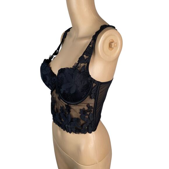 Black Floral Applique Lace Sheer Mesh Whimsigoth Corset Bustier Crop Top SZ S - Picture 5 of 7